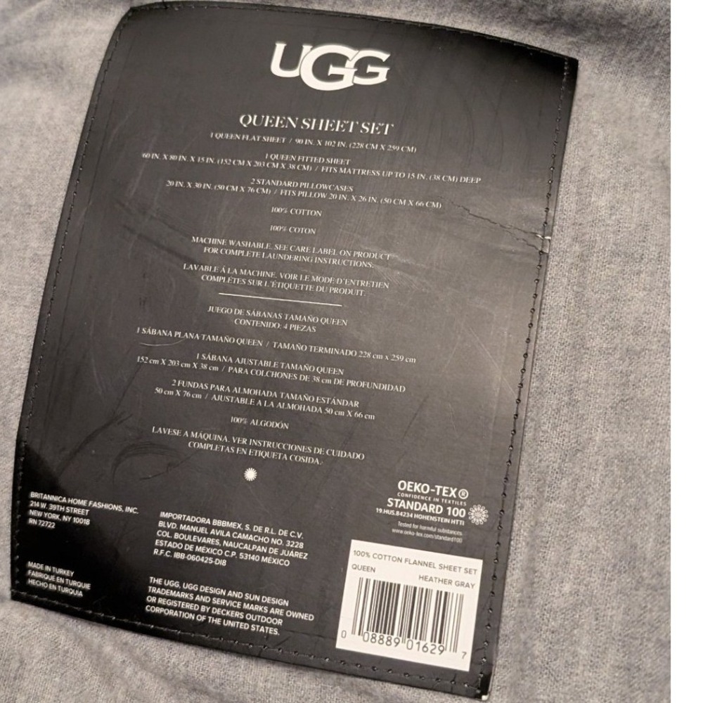 UGG Queen Sheet 4 Piece Set 100% Cotton Flannel Heather Gray Heathered Grey New